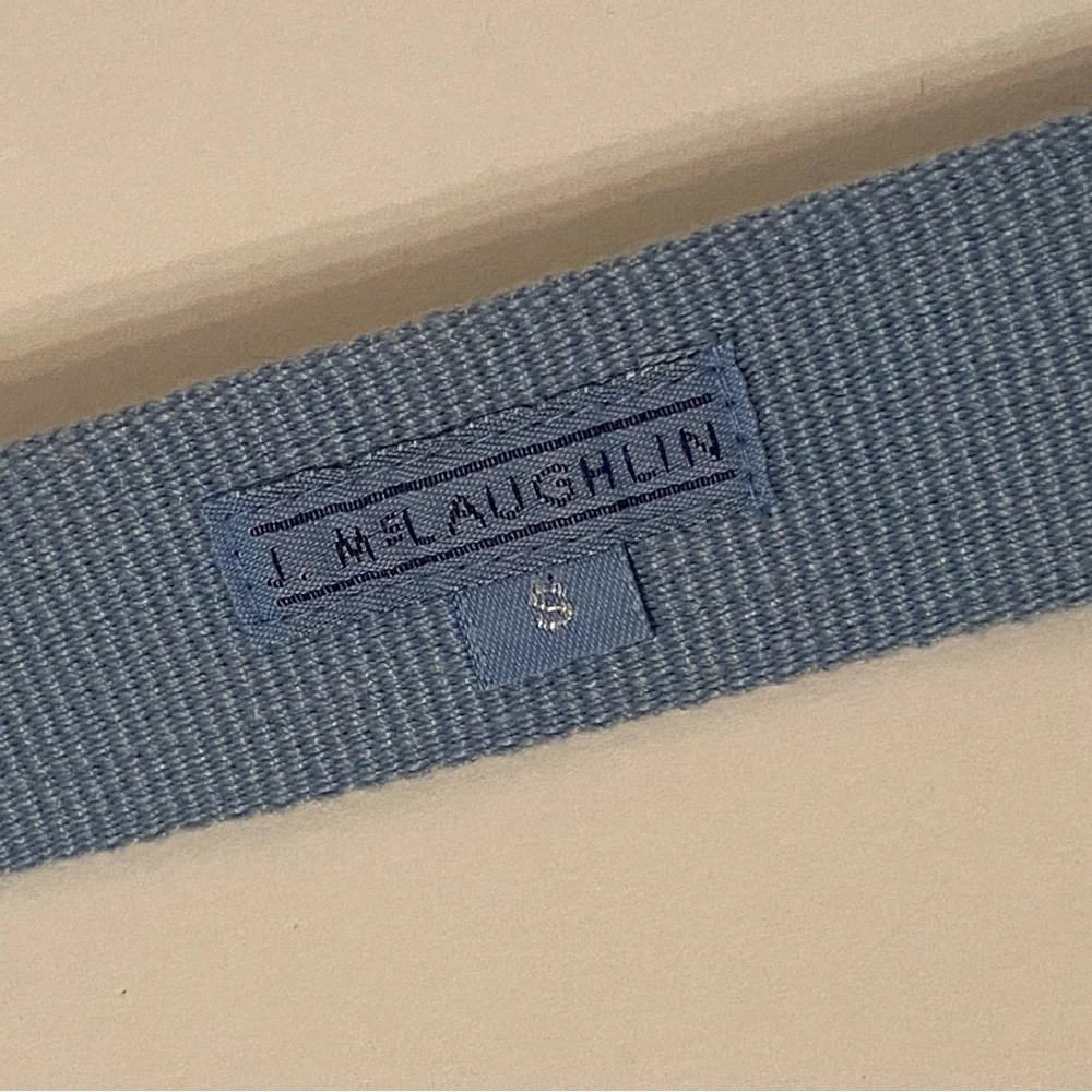 J. McLAUGHLIN BELT GOLF FLAG BLUE WEBBING YELLOW RIBBON BROWN LEATHER SIZE S USA